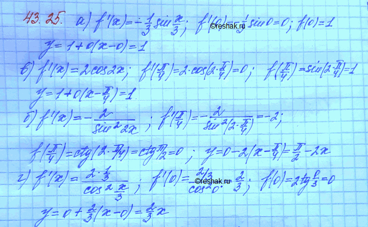 ����������� a) f(x) = cos x/3, � = 0;	�) f(x) = ctg 2�, � = ��/4	�) f(x)	= sin 2�, � = ��/4�) f(�)	= 2 tg x/3, � =...
