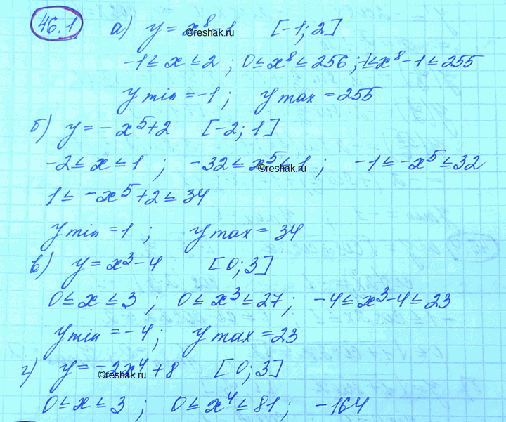 ����������� ������� ���������� � ���������� �������� �������� ������� �� �������� ������� ��� ������ �����������:a) � = �8 - 1, [-1; 2];�) � = -�5 + 2, [-2; 1];	�) � = �3 - 4,...