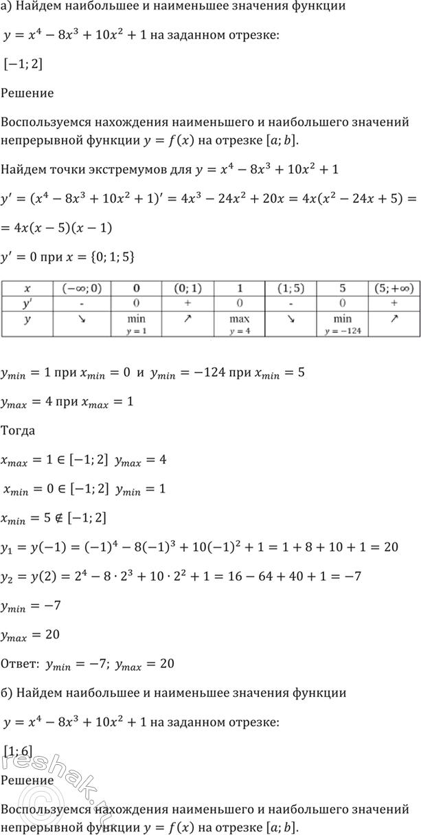 ����������� 32.11 ������� ���������� � ���������� �������� �������� = �^4 - 8x^3 + 10�^2 + 1 �� �������:�) [-1; 2]; �) [1; 6]; �) [-2; 3]; �) [-1;...
