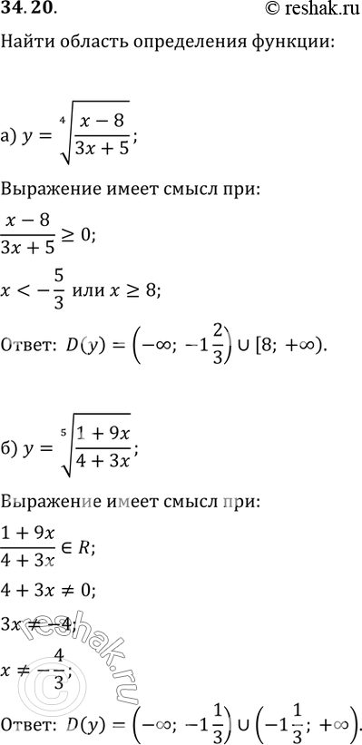 Изображение 34.20а) y = (4)корень((x - 8)(3x + 5));б) y = (5)корень((1 + 9x)(4 + 3x));в) y = (3)корень((12 - 5x)(7 - 2x));г) y = (6)корень((3 - 7x)(2x +...