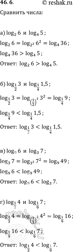  46.6 a) log2 6 и log4 5;б) log1/2 3 и log1/4 1,5;в) log9 6 и log3 7;г) log1/3 4 и log1/9...