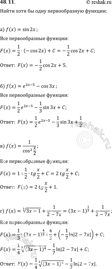  48.11 ) f(x) = sin 2x;) f(x) = e^(2x - 5) - cos 3x;) f(x) = 1 / cos^2 x/2;) f(x) = (3)(3x - 1) + 1 / (2 -...