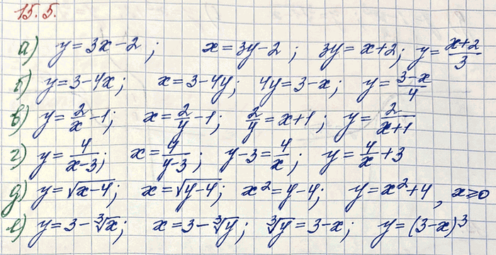 Изображение Найдите функцию, обратную данной функции:  а) у = Зх - 2;		  б) у = 3 - 4х;  в) у = 2/х - 1;   г) у = 4/(х-3);  д) у =...