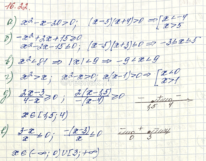 Изображение Решите неравенство:  а) х в квадрате — х — 20 > 0;  б) —х в квадрате + 2х + 15 > 0;  в) х в квадрате  х;  д)...