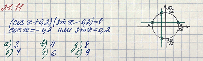 Изображение Дано уравнение (соsx + 0,2)(sinх — 0,2) = 0. Найдите количс-ш етво его корней, принадлежащих отрезку: ...