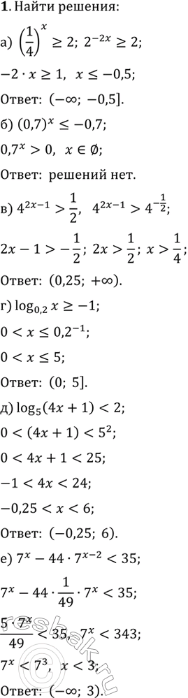 ����������� ������ ����������� (1�3).1. �) (1/4)^x?2;   �) (0,7)^x?-0,7;   �) 4^(2x-1)>1/2;�) log(0,2; x)?-1;   �) log(5; 4x+1)0;   �) (log(0,5; x))^2-log(0,5; x)-60;�)...