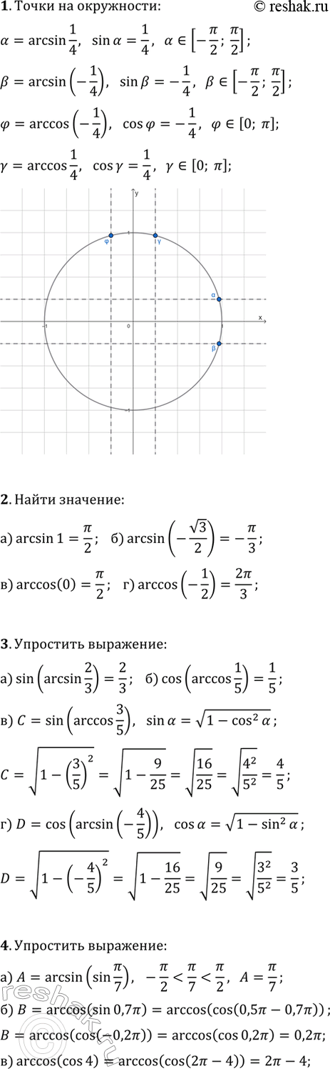 ����������� 1. ���������� �� ��������� ���������� ��� �����, ��������������� ����� ?=arcsin(1/4), ?=arcsin(-1/4), ?=arccos(1/4), ?=arccos(-1/4).2. ���������:�) arcsin(1);   �)...