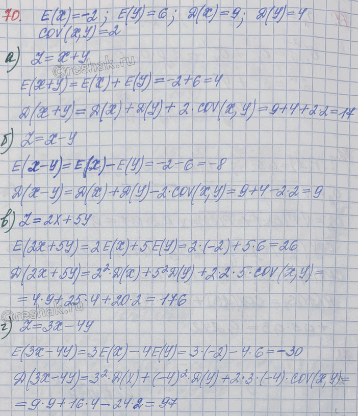 ����������� ��� ��������� ������� X, � �������� �� �������������� ��������, ��������� � ����������:�(�) = -2, �(Y) = 6; D(�) = 9, D(�) = 4; ��v(�, �) = 2.������� �������������...