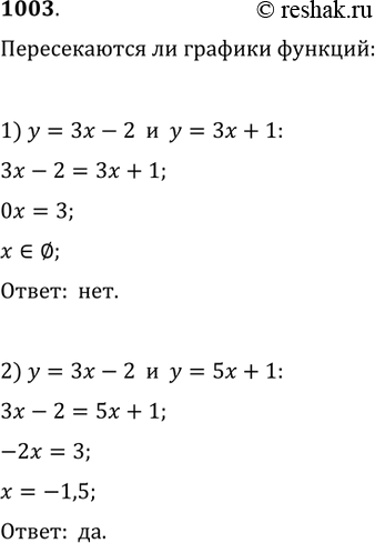 Изображение 1003. Выяснить, пересекаются ли графики функций:1) у = 3х - 2 и у = 3х + 1;	2) у = 3х - 2 и у = 5х +...