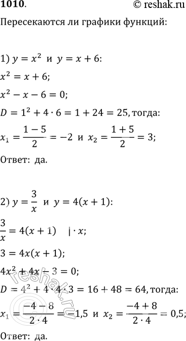 Изображение 1010 Выяснить, пересекаются ли графики функций:1) у = х2 и у = х + 6;	2) у = 3/x и y = 4(х + 1);3) y = 1/8*х2 и y = 1/x;	4) y = 2х-1 и y...