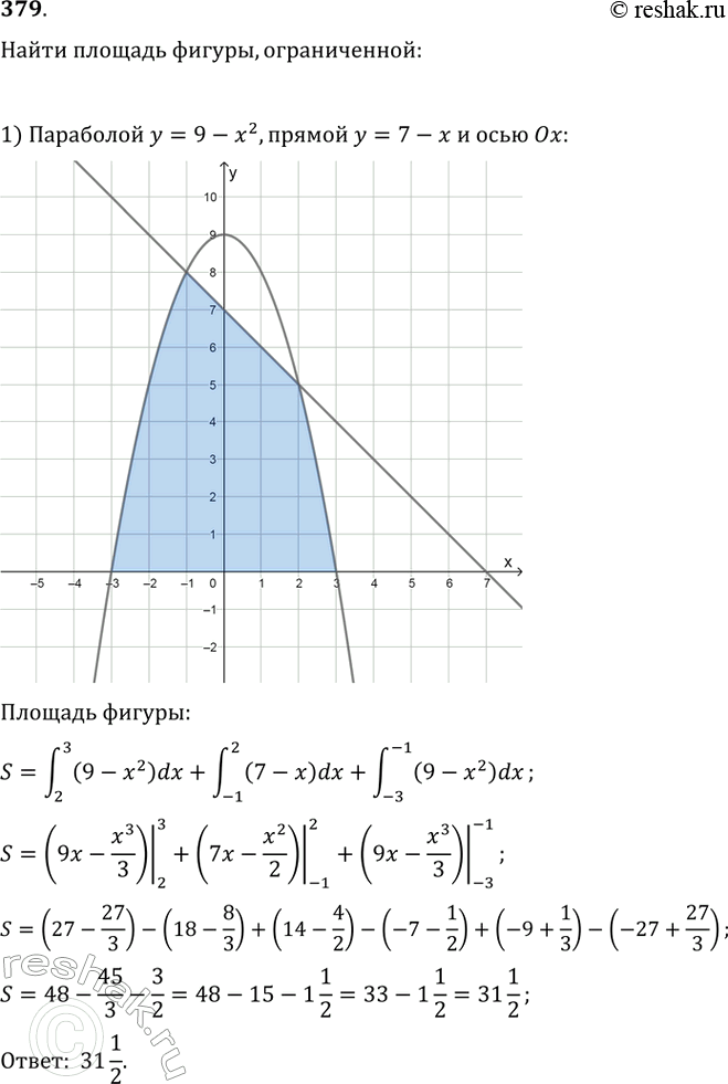 Изображение 379. Найти площадь фигуры, ограниченной:1) параболой у = 9-х2, прямой y = 7-х и осью Ох;2) параболой у = х (4-х), прямой у = 3 и осью Ох;3) параболами у = (х -...