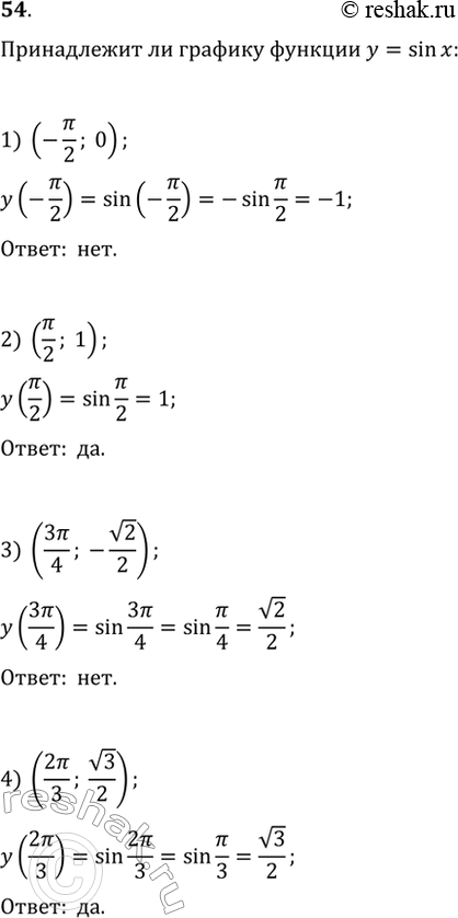 Изображение 54. Выяснить, принадлежат ли графику функции y = sin х точки с координатами:1) (-пи/2;0);2) (пи/2;1);3) (3пи/4; - корень 2);4) (2пи/3; корень 3/2)....