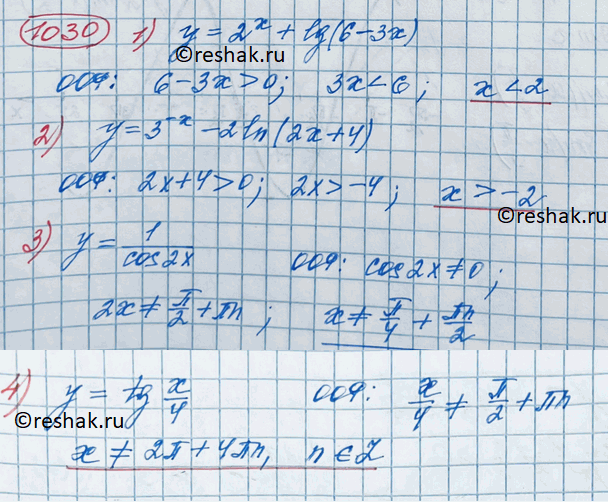 ����������� ����� ������� ����������� ������� (1030�1033). 1030. 1) � = 2� + lg(6 - ��); 2) � = 3-x - 2ln(2x + 4);3) � = 1/cos2x;	4) y = tgx/4....