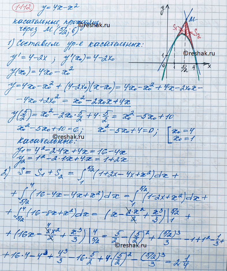 ����������� 1112. ����� ������� ������, ������������ ��������� � = = 4� - �2 � ������������ � ���, ����������� ����� ����� M(5/2;6)....