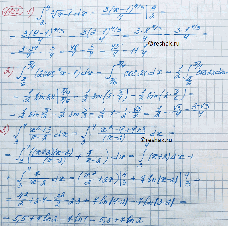    (11351136).1135 1)  (2;9)  3  x-1 dx;2)  (/6;/4) (2cos2x - 1)dx;3)  (3;4) x2+3/x-2 dx;4) ...