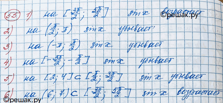 ����������� 55. (�����.) ��������, ���������� ��� ������� ������� � = sinx �� ����������:1) [3��/2;5��/2];2) (��/2;��);3) (-��; -��/2);4) [-3��/2; -��/2];5) [2;4];6)...