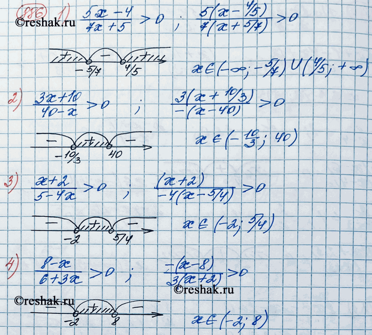  886.    x  :1) 5x-4/7x+5;2) 3x+10/40-x;3) x+2/5-4x;4) 8-x/6+3x?...