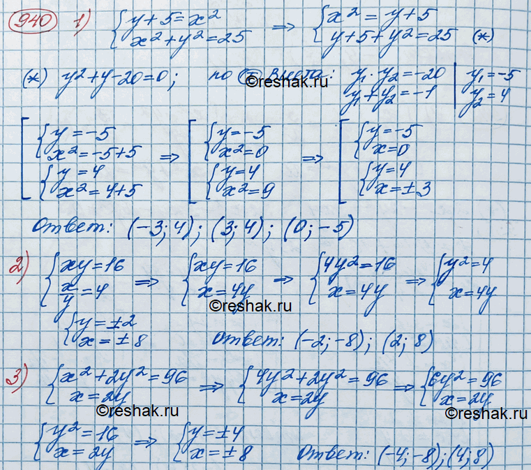       (940944).940 1) y+5=x2,x2+y2=25;2) xy=16,x/y=4;3)...
