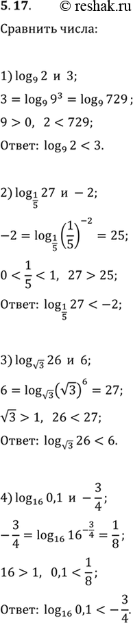  5.17. :1) log_9 2  3;   3) log_v3 26  6;2) log_(1/5) 27  -2;   4) log_16 0,1 ...