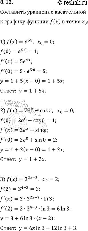  8.12.       f      _0:1) f(x)=e^(5x),   x_0=0;   4) f(x)=4x-ln 4,   x_0=1;2) f(x)=2e^x-cos(x),   x_0=0; ...