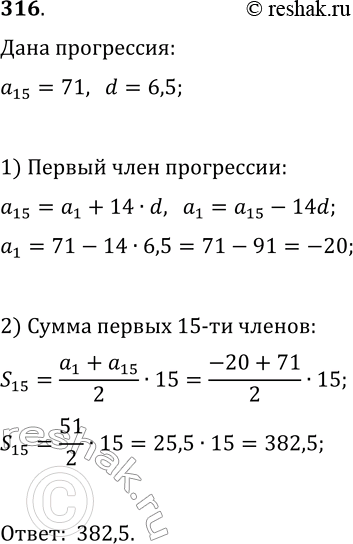 ����������� 316. ������� ����� ���������� ������ ������ �������������� ���������� (a_n), ���� a_15=71,...