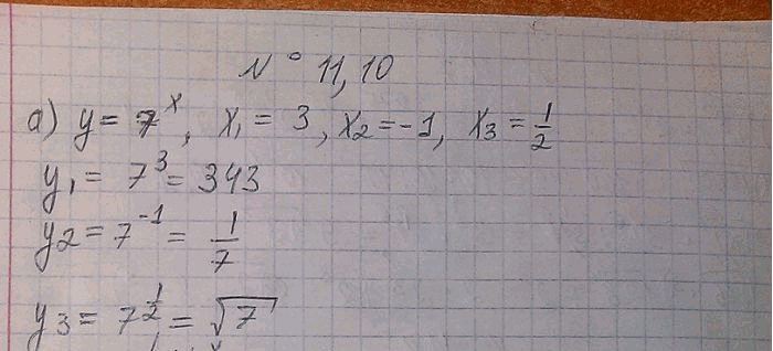 Изображение 11.10.	Найдите значение показательной функции у = ах при заданных значениях х:а) y= 7x, x1=3, x2=-1,x3= 1/2;б)y=(1/2)x, x1=3/2, x2=1, x3=-1/2;в)y=(корень 3)x ,...