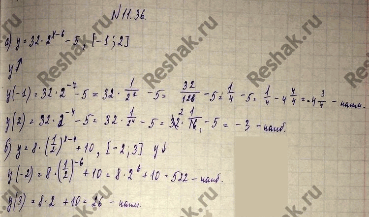 Изображение 11.36. а)	у	=	32 *	2^(х-6)	- 5, [-1;	2];б) у = 8*(1/2)^(x-4) +10,	[-2;3];в) у = 27 * 3^(-х-2) + 4,	[1; 3];г) у = 125 * 5^(-х-4) - 12,	[-2;...
