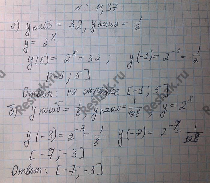 Изображение 11.37.	На каком отрезке функция у = 2х принимает:а)	наибольшее значение, равное 32, и наименьшее, равное 1/2;б) наибольшее значение, равное 1/8 и наименьшее, равное...