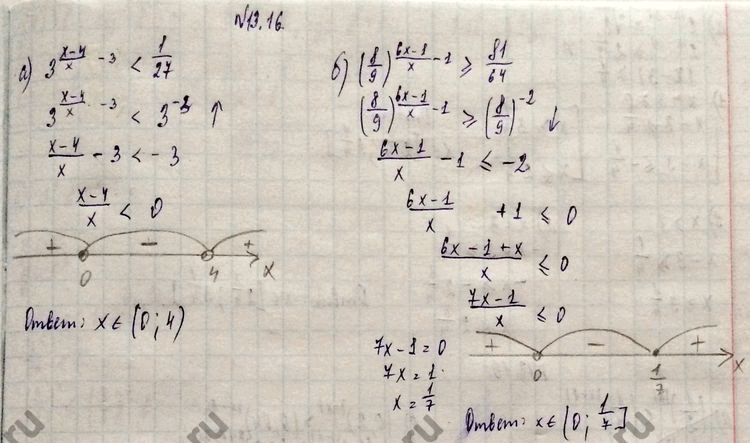 Изображение 13.16 а)3((x-4)/x - 3) < 1/27;б)(8/9)((6x-1)/x - 4) больше или равно 81/64;в)8((2-x)/x - 2)>1/64;г)(6/11)((5x+1)/x - 1) меньше или равно...
