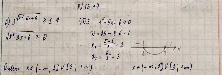Изображение 13.7 а)3(корень (x2-5x+6)) больше или равно 1;б)0,4(корень (4x2-13x+3)) меньше или равно 1;в)9(корень (5+4x-x2) больше или равно 1;г)(4/5)(корень(6+x-x2) меньше...
