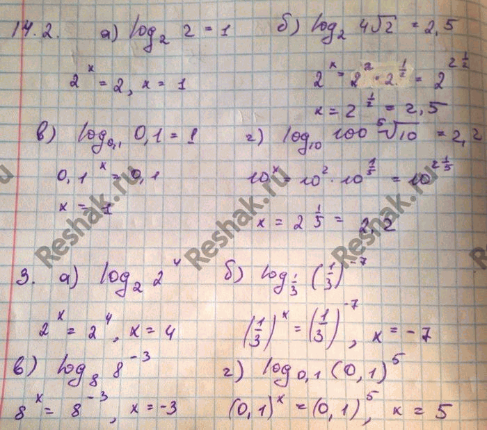 ����������� 14.2 �)log 2 (2) =1;�)log 2 (4) ������ 2=2,5;�)log 0,1(0,1)=1;�)lg100 ������ 5 �������...