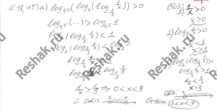 ����������� 18.45 �)log 0,5(log2(log1/3(1/x)))>0;�)log2(log1/3((3x-1)/(x+1)))>0;�)log0,2(log 0,3(log...