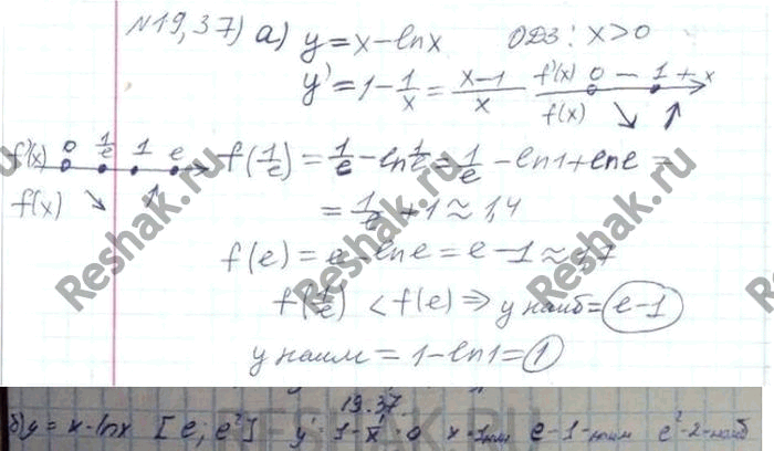 ����������� 19.37. ������� ���������� � ���������� �������� ������� � = � - lnx �� �������� �������:�)[1/e;e];  �)	[�;...