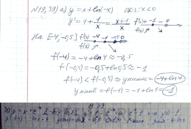 ����������� ������� ���������� � ���������� �������� �������� ������� �� �������� ����������:19.39. �) � = � + ln(-x), [-4; -0,5];�)	� = � + �(-�), [-ln4;...
