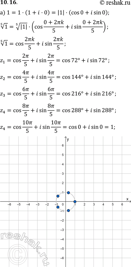 Изображение 10.16. а) Запишите в тригонометрической форме и изобразите на комплексной плоскости все значения корень 5 степени 1.б) Докажите тождество z5 - 1 = (z - 1 )(z4 + z3 + z2...