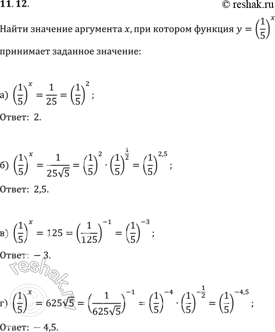 Изображение 11.12. Найдите значение аргумента х, при котором функция y=(1/5)x принимает заданное значение:а)	1/25б) 1/25 корень 5;в) 125;г) 625 корень...