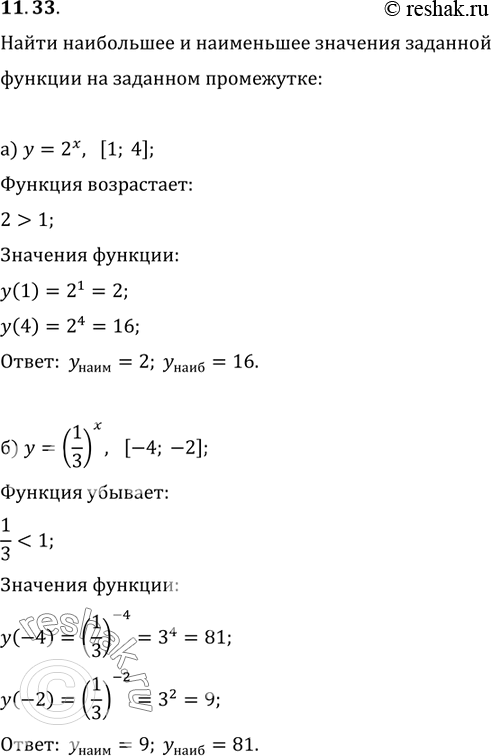 Изображение 11.33. Найдите наибольшее и наименьшее значения заданной функции на заданном промежутке:а) у = 2х, [1; 4];б)y=(1/3)x, [-4;2];в)y=(1/3)x, [0;4];г)y=2x,...