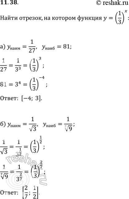 Изображение 11.38.	На каком отрезке функция у = (1/3)x принимает:а)	наибольшее значение, равное 81, и наименьшее, равное 1/27;б) наибольшее значение, равное 1/корень 3, и...
