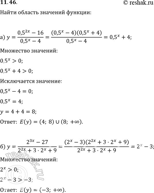 Изображение 11.46 а) y=(0,5^2x - 16)/(0,5^x - 4);б)y=(2^3x 27)/(2^2x + 3*2x+ 9);в)y=(2,5^2x - 25)/(2,5x + 5);г)y= (4^3x + 125)/(4^2x - 5 * 4x +...