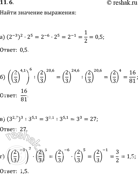 Изображение 11.6 а) (2^-3)2*2^5;б)((2/3)4,1)6 : (2/3)20,6;в) (3^2,7)3 : 3^5,1;г)((2/3)-3)2 *...