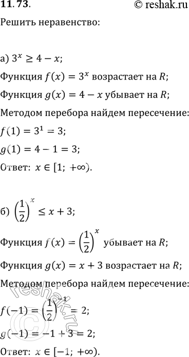 Изображение Решите неравенство:11.73 а)3x больше или равно 4-x; б)(1/2)x меньше или равно x+3;...