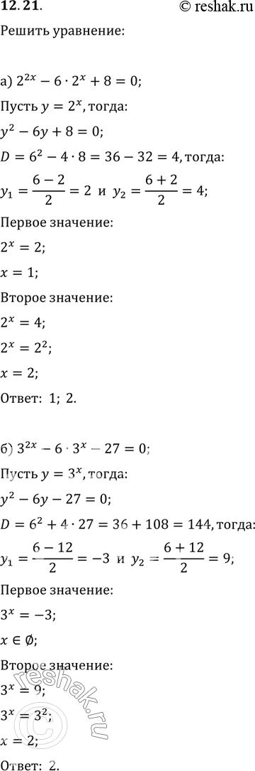 Изображение 12.21 а)2^2x - 6*2x+8=0;б)3^2x - 6*3x - 27=0;в)(1/6)x-5*(1/6)x - 6=0;г)(1/6)2x + 5*(1/6)x -...