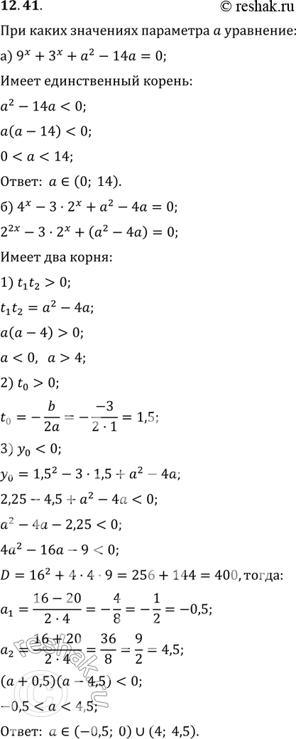 Изображение 12.41. а) При каких значениях параметра а уравнение9х + 3х + а2 - 14а = 0 имеет единственный корень?б)	При каких значениях параметра а уравнение 4х - 3 * 2х + а2 - 4а...