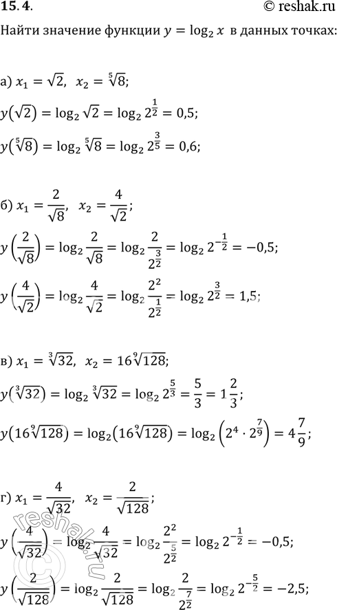 Изображение 15.4. а) х1 = коорень 2, х2 = корень 5 степени 8;б)x1=2/корень 8, x2=4/корень 2;	в) х1 = корень 3 степени 32, x2 = 16 корень 9 степени 128;г)x1=4/корень 32,...