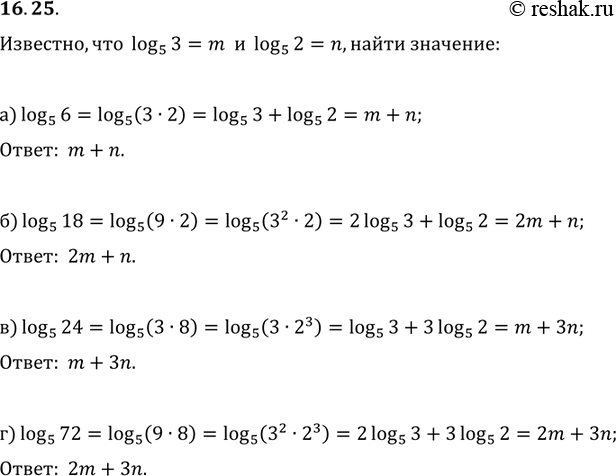 Изображение Известно, что log5(3) = m и log5(2) = n. Выразите через m и n:a)	log5(6);б) log5(18);в) log5(24);г)...