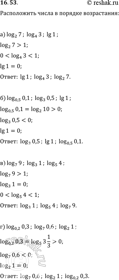 Изображение Расположите числа в порядке возрастания:a) log2(7), log4(3) и lg1;б) log0,5(0,1), log3(0,5) и lg1;в) log7(9), log3(1) и log5(4);г) log0,2(0,3), log7(0,6) и...