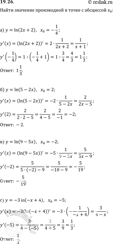 Изображение 19.26. а) у = ln (2x + 2), х0 = -1/4;б) у	=	ln (5 - 2x), x0	=	2;в) y	=	ln (9 — 5x), х0	=	-2;г) у	=	-3 ln (-х + 4),	х0	=...