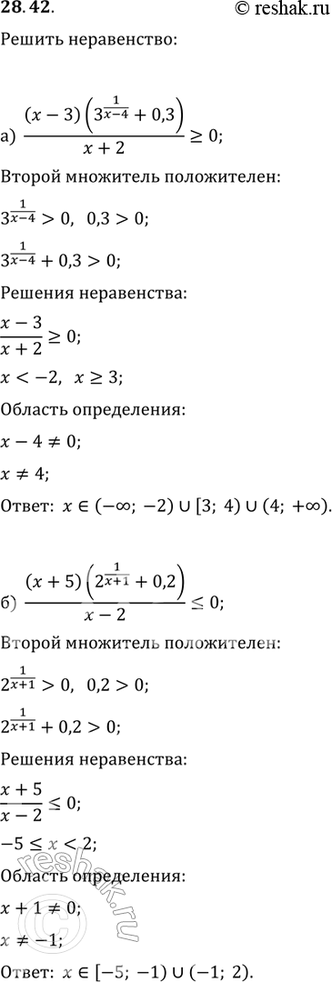 Изображение 28.42 а)((x-3)(3^1/(x-4) + 0,3)/(x+2) больше или равно 0;б)((x+5)(2^(1/x+1) + 0,2)/(x-2) меньше или равно...