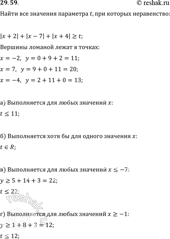 Изображение 29.59. а) Найдите все значения параметра t, при которых неравенство |х + 2| + |х - 7| + |х + 4| больше или равно t выполняется:а) для любых значений х;б) хотя бы для...