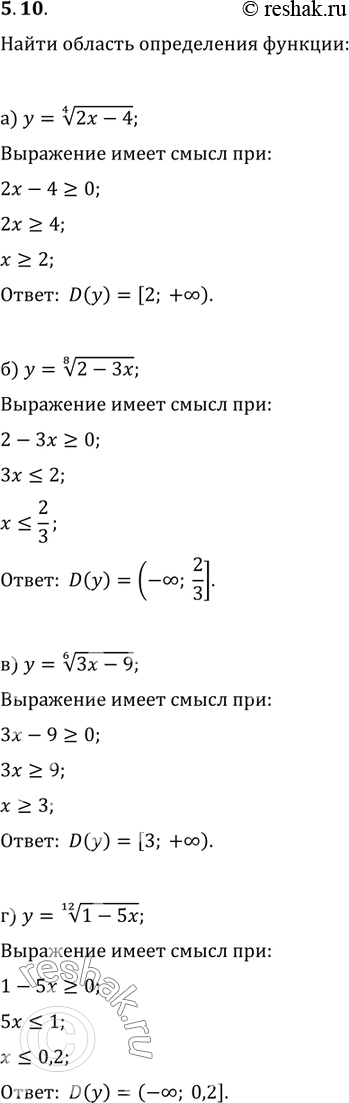 Изображение Найдите область определения функции:5.10.	а)	у	=	корень 4 степени  2х -	4;	в)	у	=	корень 6 степени  3х	-	9;б)	у	=	корень 8 степени  2 - Зх;	г)	у	=	корень 12 степени  1...